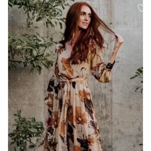 Baltic Born Boho Floral‎ Fall Maxi Dress Long Sleeve Beige Orange Woman's Small